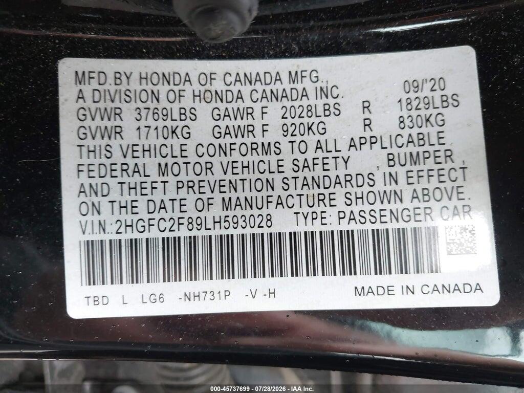 2HGFC2F89LH593028 2020 HONDA CIVIC photo no. 9