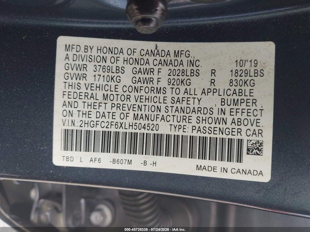 2HGFC2F6XLH504520 2020 HONDA CIVIC photo no. 9