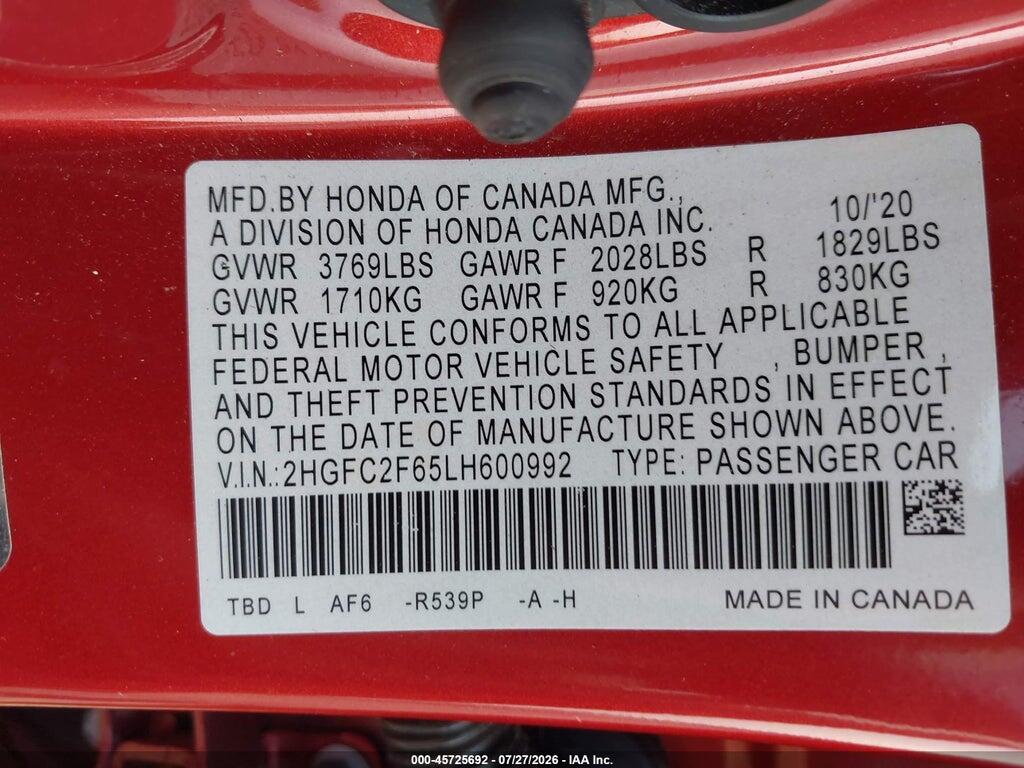 2HGFC2F65LH600992 2020 HONDA CIVIC photo no. 9
