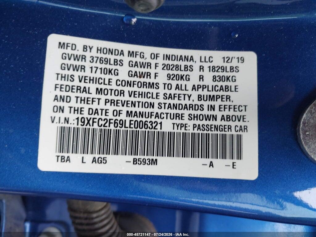 19XFC2F69LE006321 2020 HONDA CIVIC photo no. 9