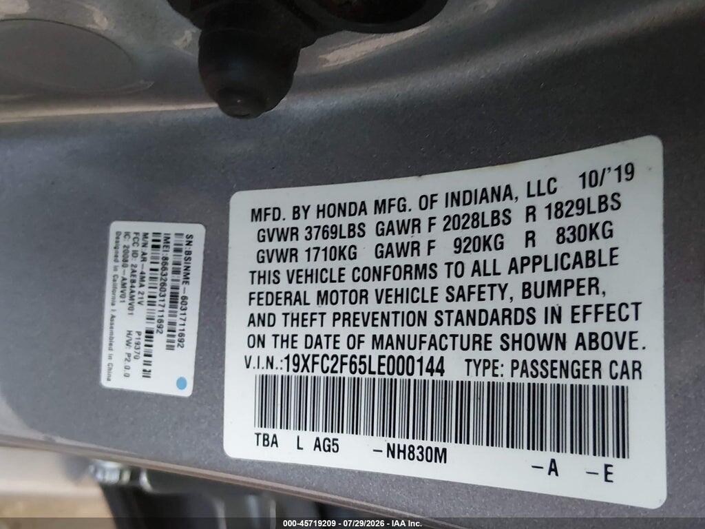 19XFC2F65LE000144 2020 HONDA CIVIC photo no. 9