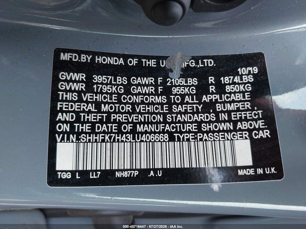 SHHFK7H43LU406668 2020 HONDA CIVIC photo no. 9