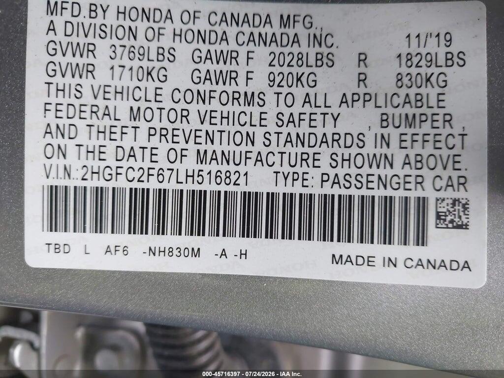 2HGFC2F67LH516821 2020 HONDA CIVIC photo no. 9
