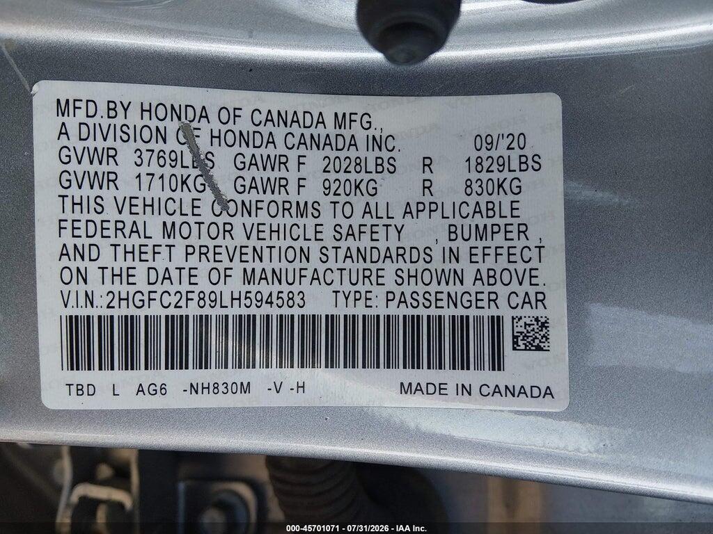 2HGFC2F89LH594583 2020 HONDA CIVIC photo no. 9