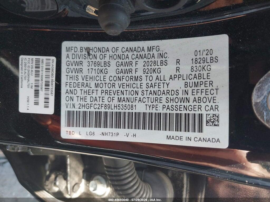 2HGFC2F89LH535081 2020 HONDA CIVIC photo no. 9