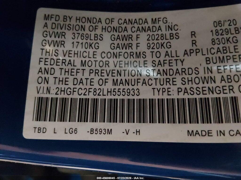2HGFC2F82LH555933 2020 HONDA CIVIC photo no. 9