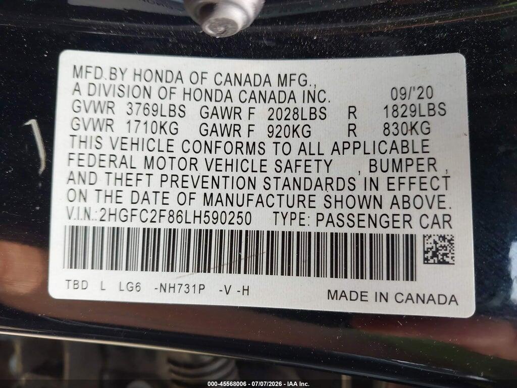 2HGFC2F86LH590250 2020 HONDA CIVIC photo no. 9