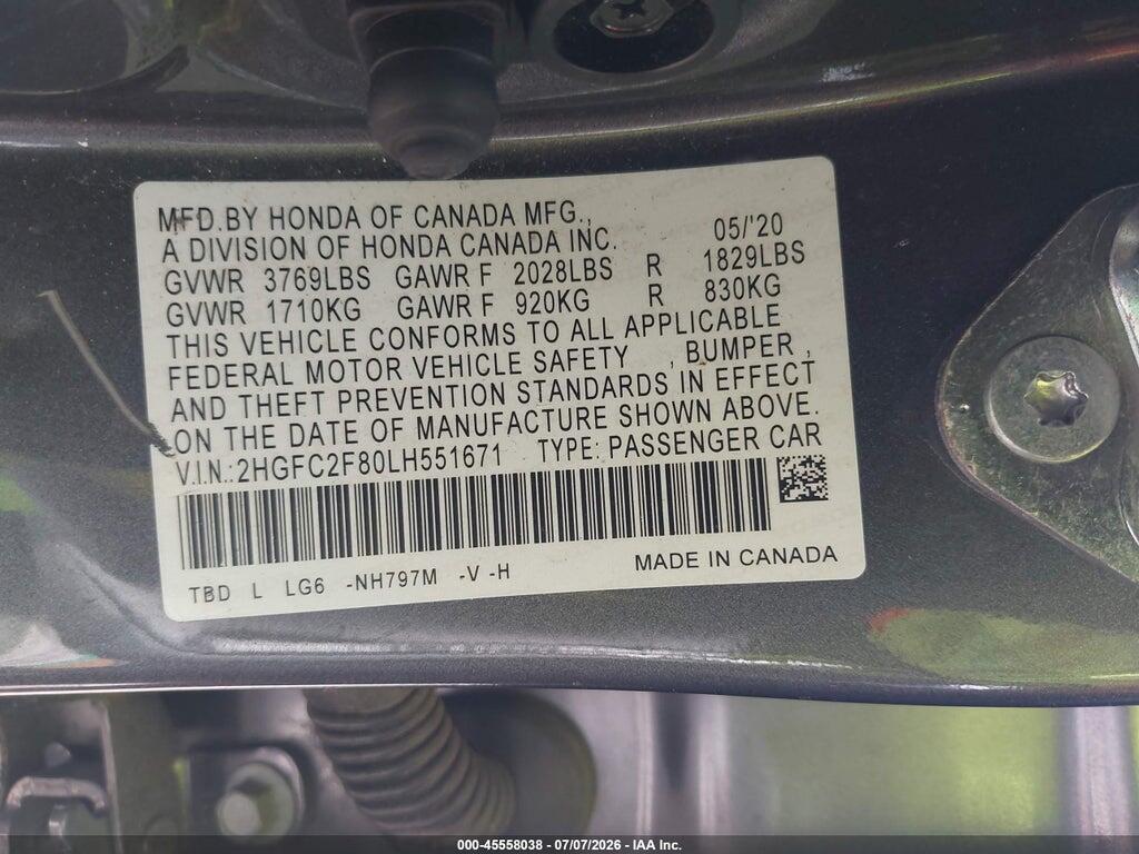 2HGFC2F80LH551671 2020 HONDA CIVIC photo no. 9