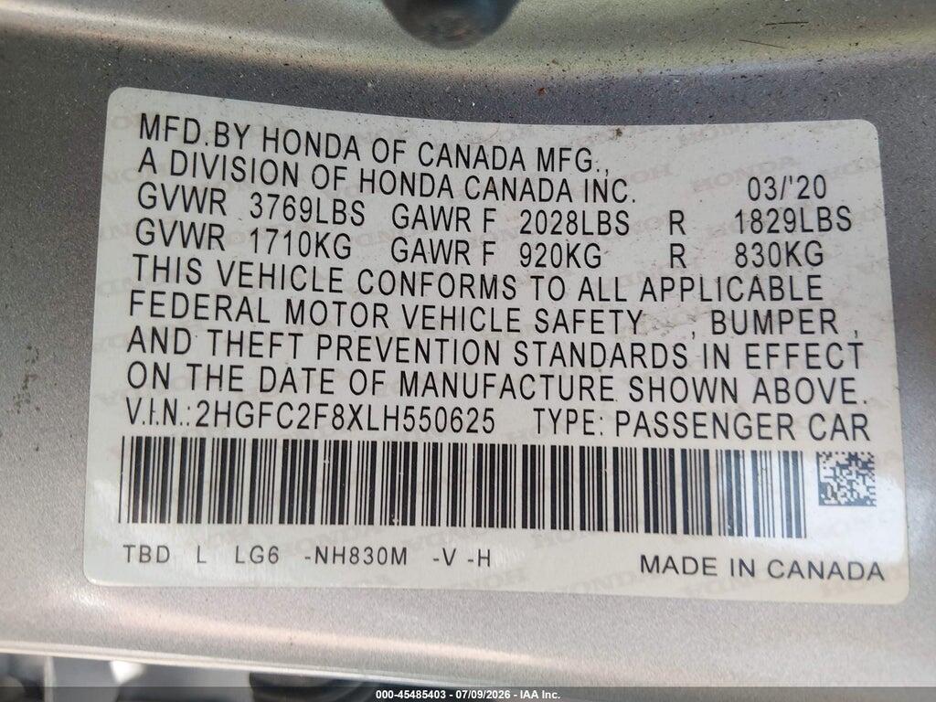 2HGFC2F8XLH550625 2020 HONDA CIVIC photo no. 9