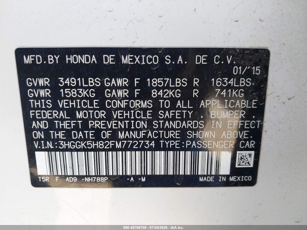3HGGK5H82FM772734 2015 HONDA FIT photo no. 9