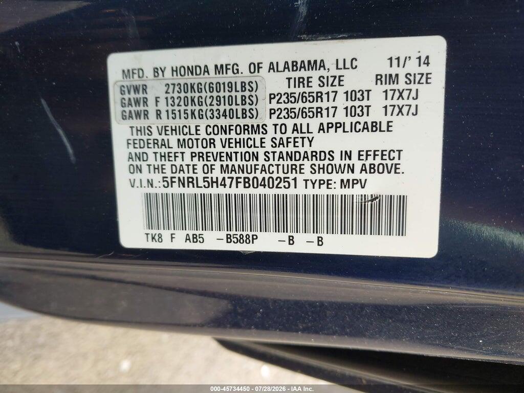 5FNRL5H47FB040251 2015 HONDA ODYSSEY photo no. 9