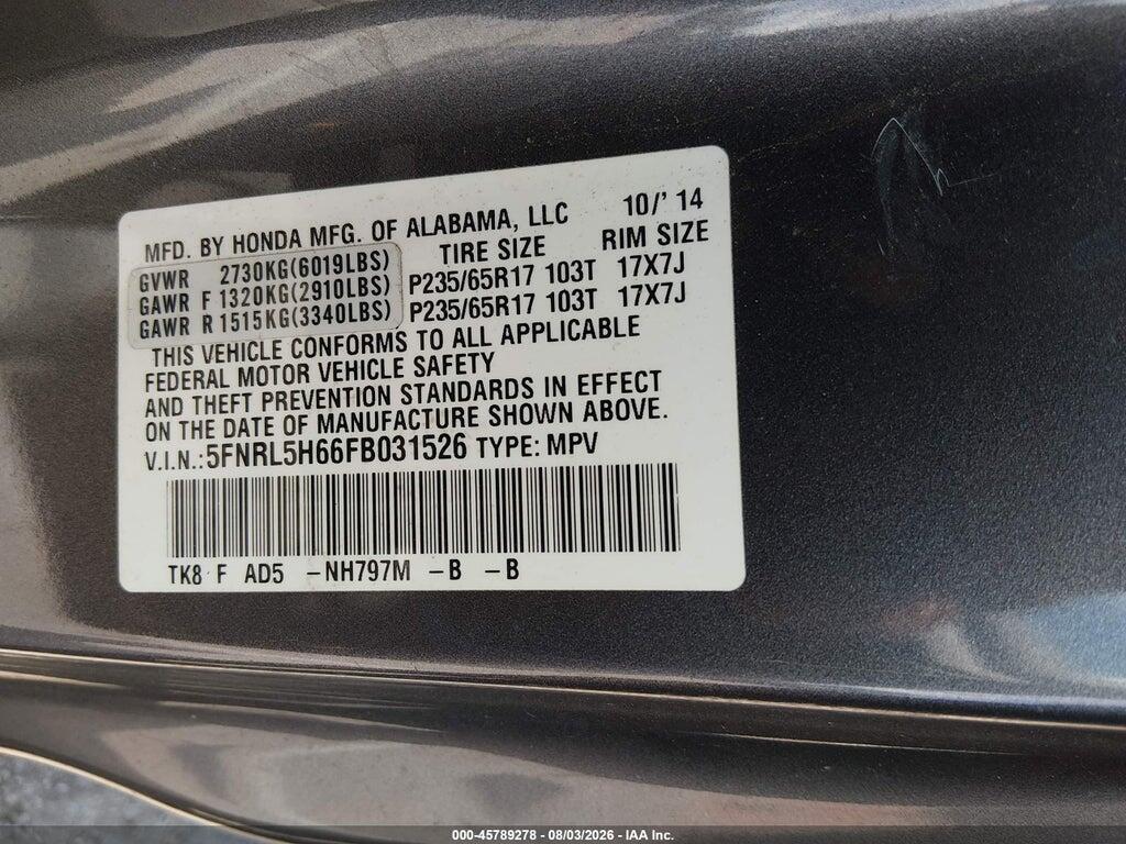 5FNRL5H66FB031526 2015 HONDA ODYSSEY photo no. 9