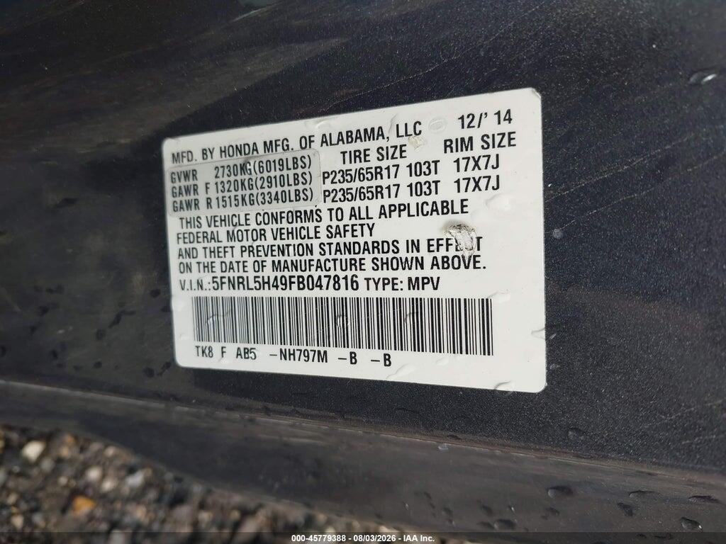 5FNRL5H49FB047816 2015 HONDA ODYSSEY photo no. 9