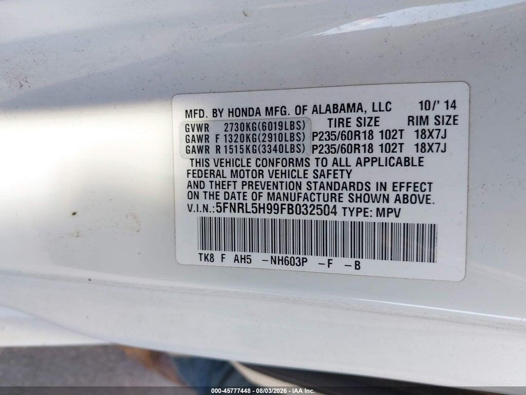 5FNRL5H99FB032504 2015 HONDA ODYSSEY photo no. 9