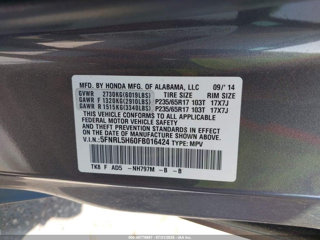 5FNRL5H60FB016424 2015 HONDA ODYSSEY photo no. 9
