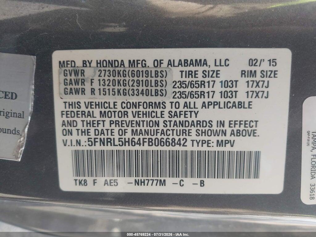5FNRL5H64FB066842 2015 HONDA ODYSSEY photo no. 9