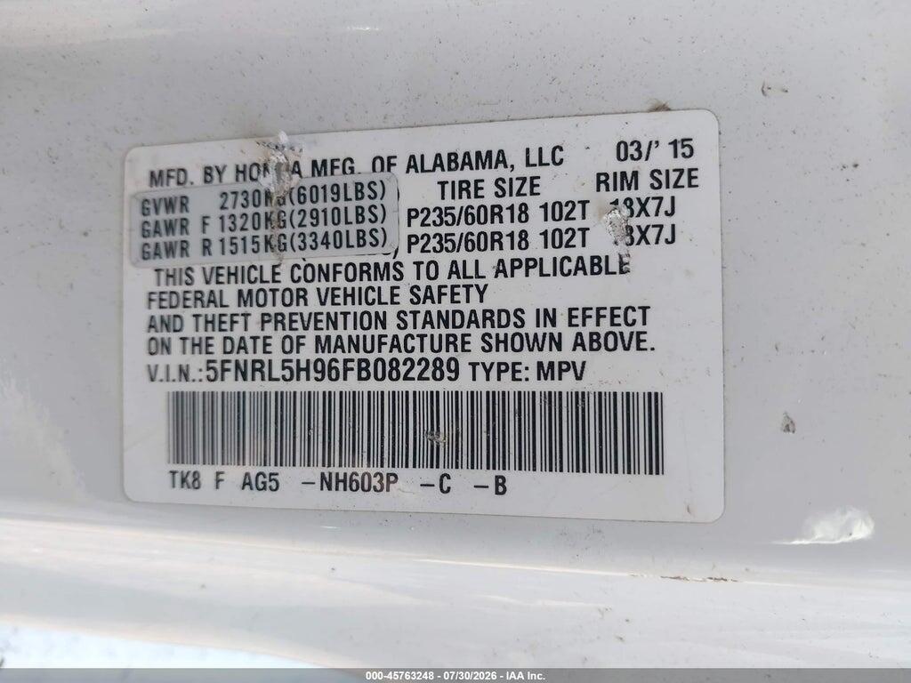 5FNRL5H96FB082289 2015 HONDA ODYSSEY photo no. 9