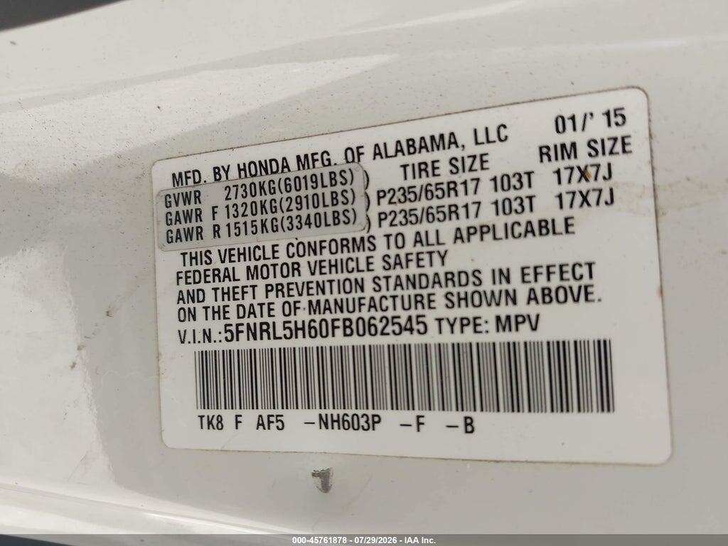 5FNRL5H60FB062545 2015 HONDA ODYSSEY photo no. 9