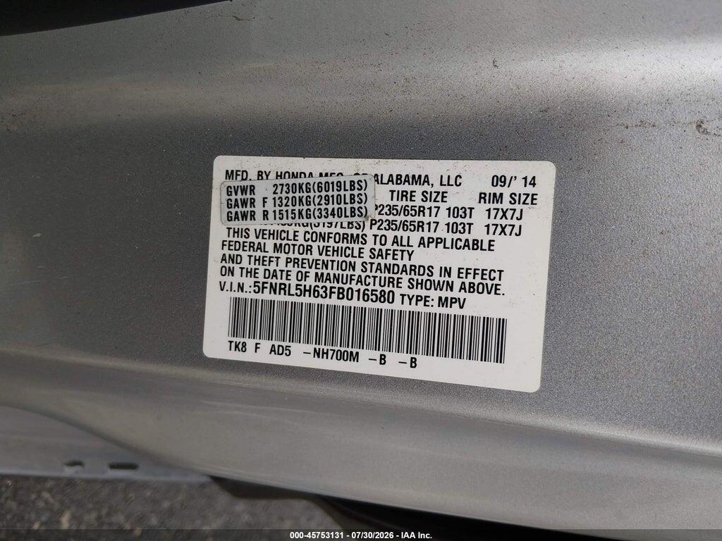 5FNRL5H63FB016580 2015 HONDA ODYSSEY photo no. 9