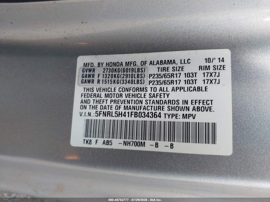 5FNRL5H41FB034364 2015 HONDA ODYSSEY photo no. 9