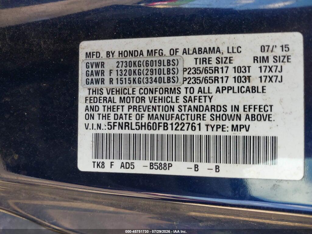 5FNRL5H60FB122761 2015 HONDA ODYSSEY photo no. 9