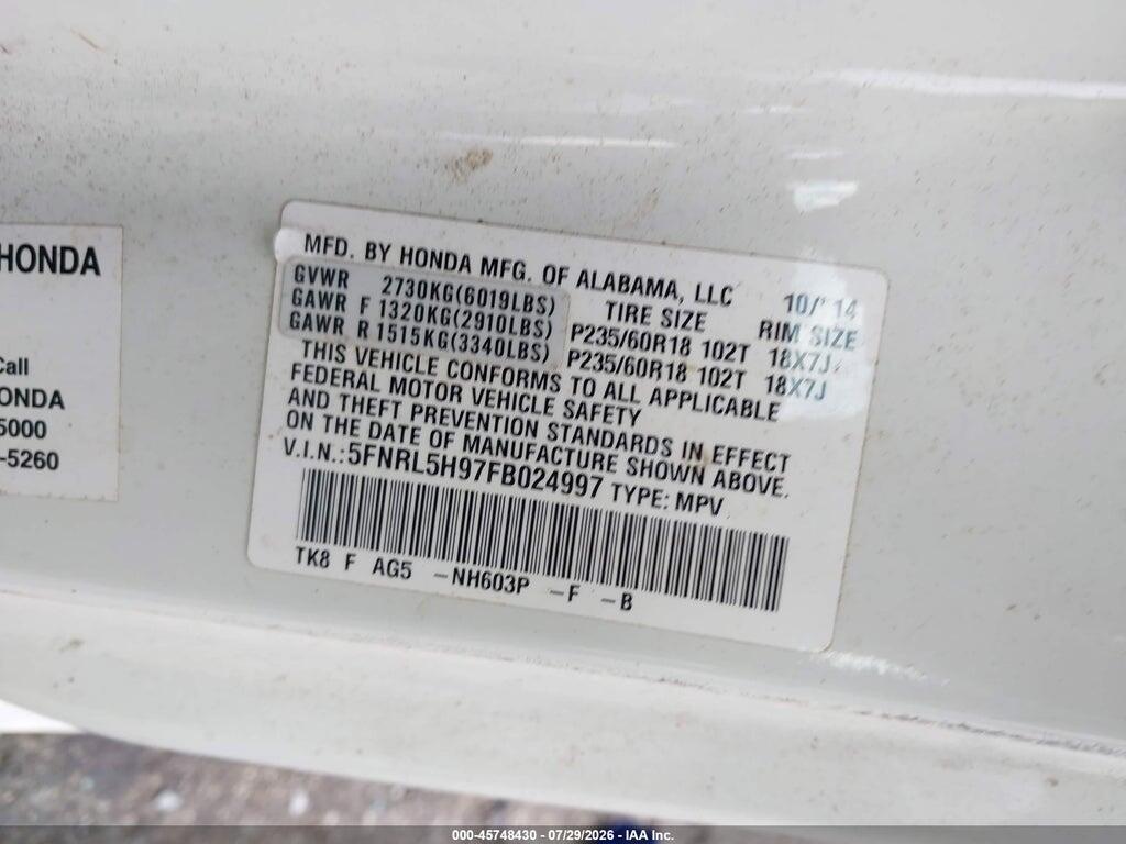 5FNRL5H97FB024997 2015 HONDA ODYSSEY photo no. 9