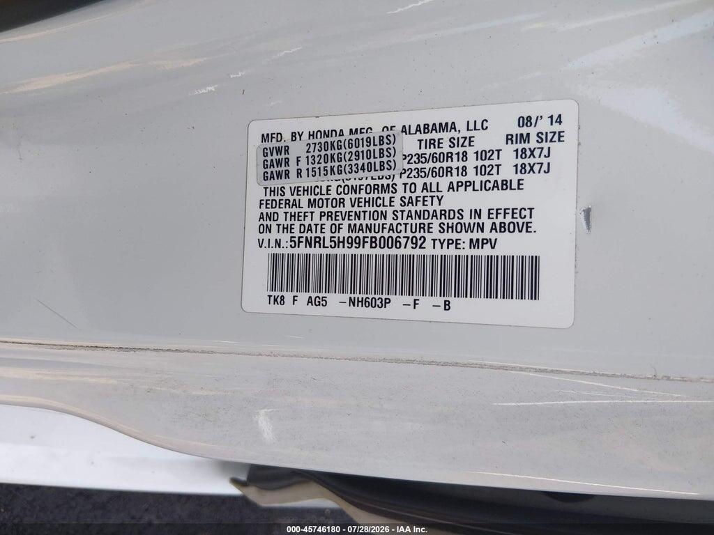 5FNRL5H99FB006792 2015 HONDA ODYSSEY photo no. 9