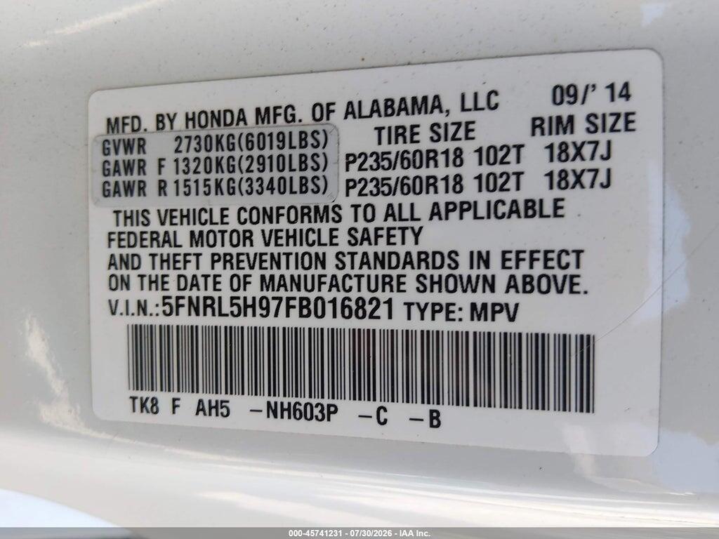 5FNRL5H97FB016821 2015 HONDA ODYSSEY photo no. 9