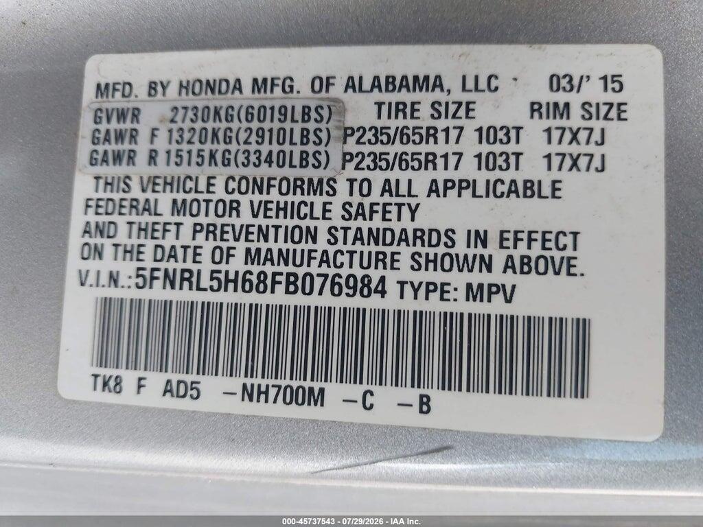 5FNRL5H68FB076984 2015 HONDA ODYSSEY photo no. 9