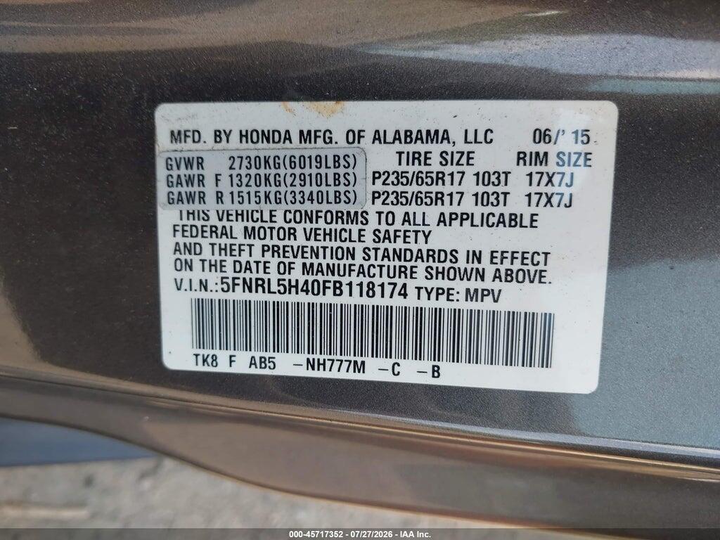5FNRL5H40FB118174 2015 HONDA ODYSSEY photo no. 9