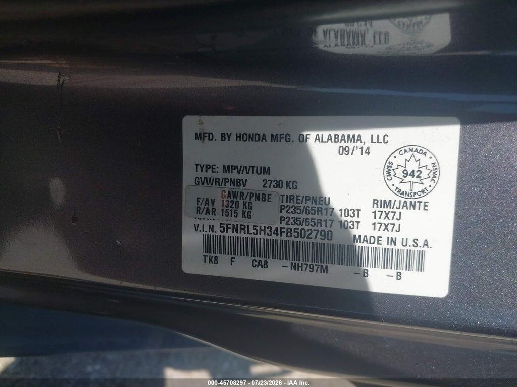 5FNRL5H34FB502790 2015 HONDA ODYSSEY photo no. 9