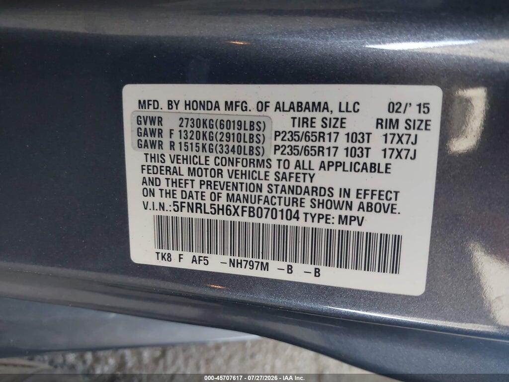 5FNRL5H6XFB070104 2015 HONDA ODYSSEY photo no. 9