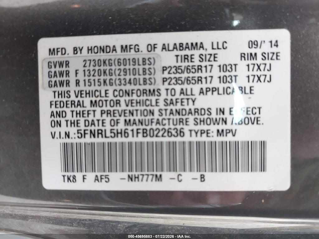 5FNRL5H61FB022636 2015 HONDA ODYSSEY photo no. 9