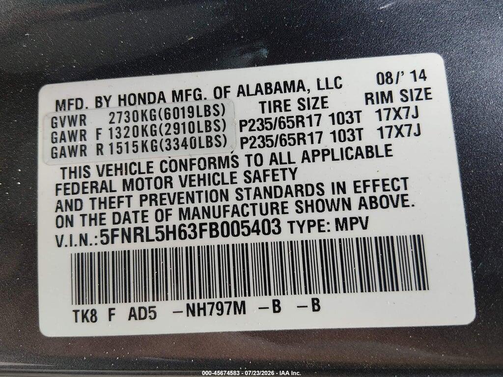 5FNRL5H63FB005403 2015 HONDA ODYSSEY photo no. 9