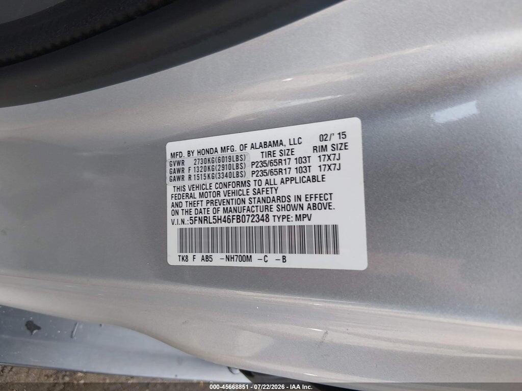 5FNRL5H46FB072348 2015 HONDA ODYSSEY photo no. 9