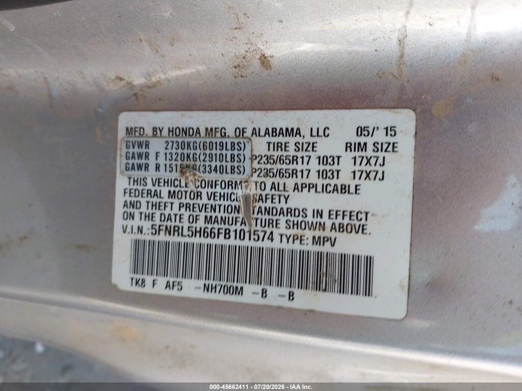 5FNRL5H66FB101574 2015 HONDA ODYSSEY photo no. 9