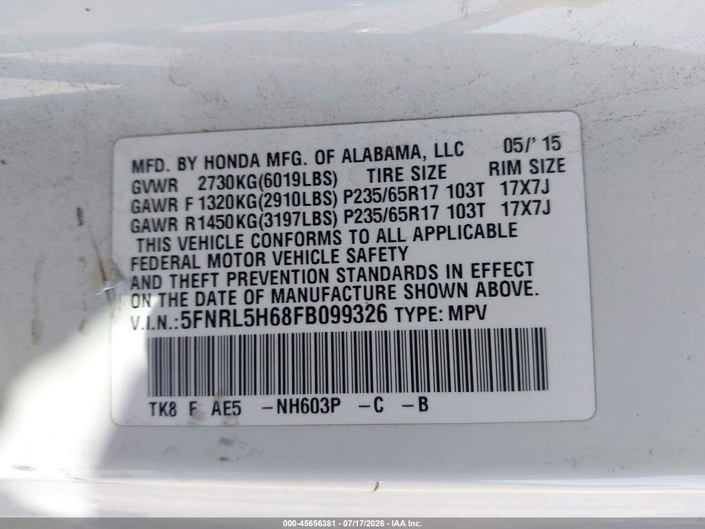 5FNRL5H68FB099326 2015 HONDA ODYSSEY photo no. 9