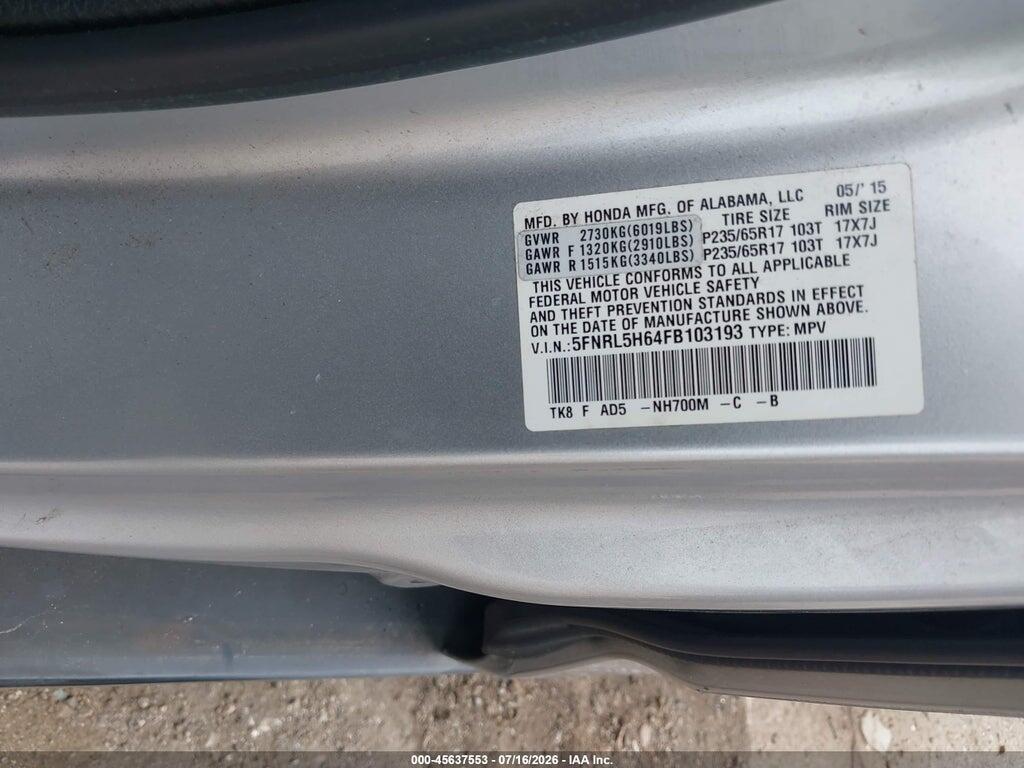 5FNRL5H64FB103193 2015 HONDA ODYSSEY photo no. 9