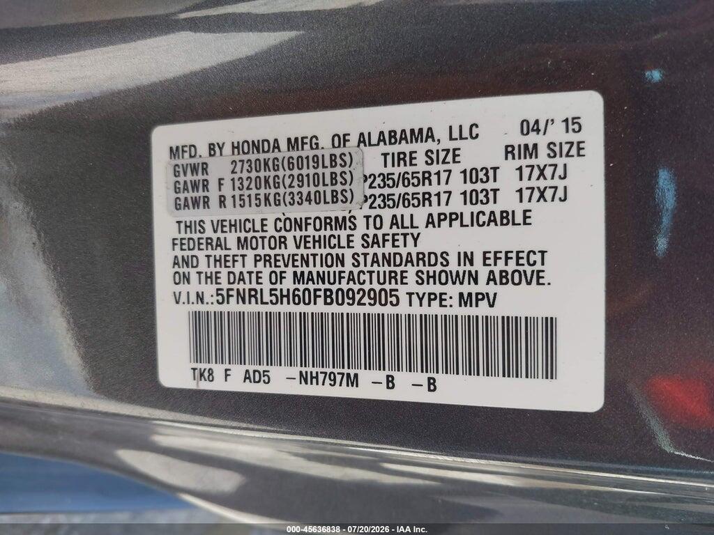 5FNRL5H60FB092905 2015 HONDA ODYSSEY photo no. 9