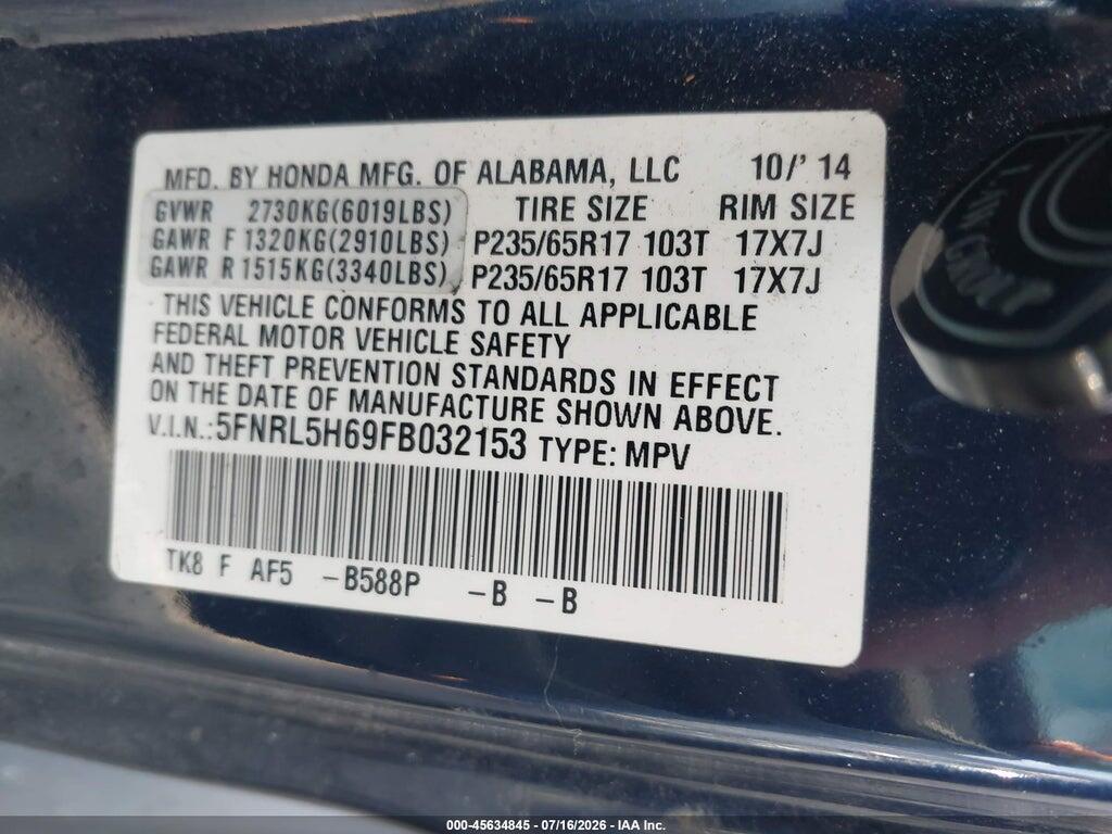 5FNRL5H69FB032153 2015 HONDA ODYSSEY photo no. 9