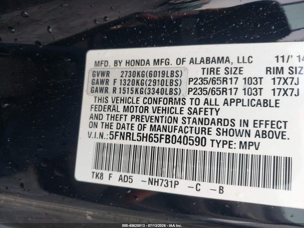 5FNRL5H65FB040590 2015 HONDA ODYSSEY photo no. 9