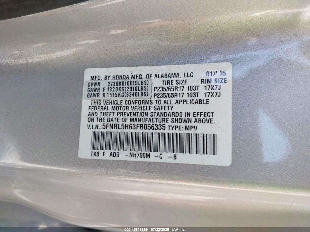 5FNRL5H63FB056335 2015 HONDA ODYSSEY photo no. 9