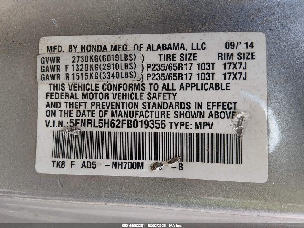 5FNRL5H62FB019356 2015 HONDA ODYSSEY photo no. 9