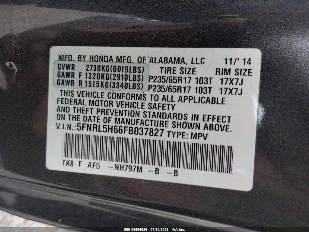 5FNRL5H66FB037827 2015 HONDA ODYSSEY photo no. 9