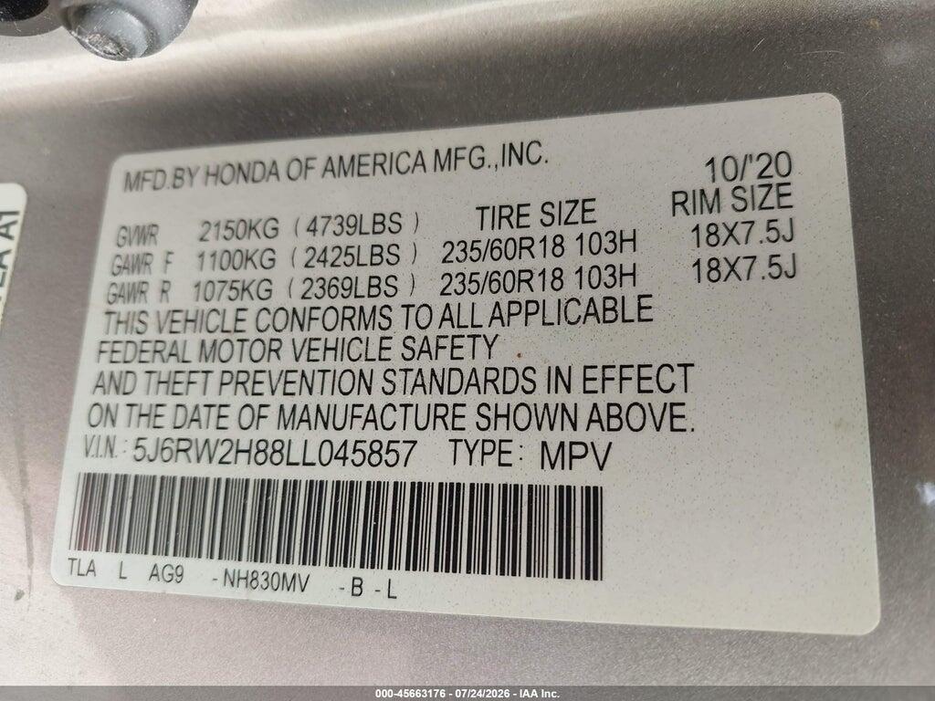 5J6RW2H88LL045857 2020 HONDA CR-V photo no. 9
