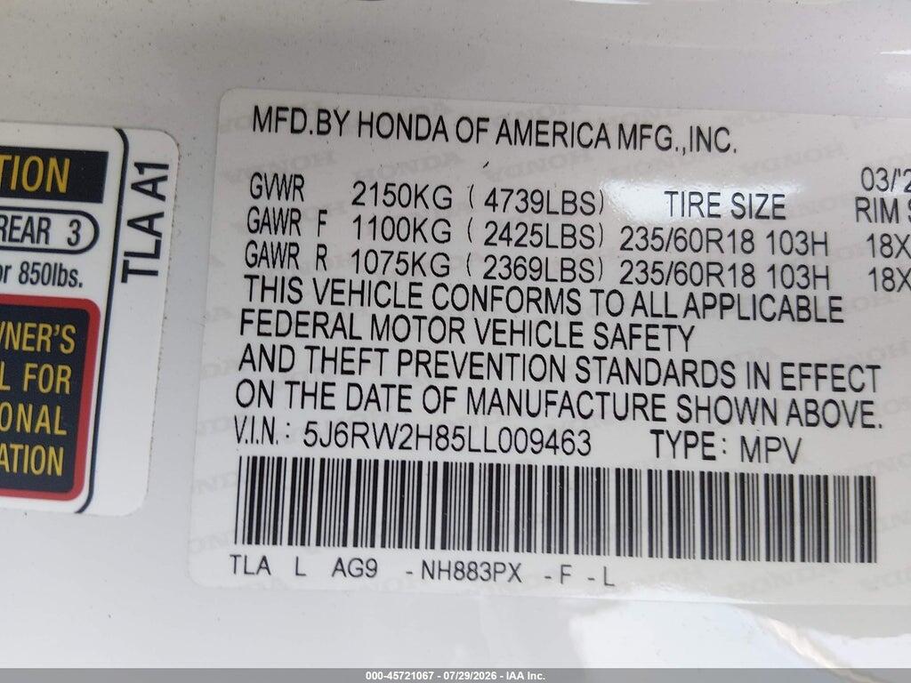 5J6RW2H85LL009463 2020 HONDA CR-V photo no. 9