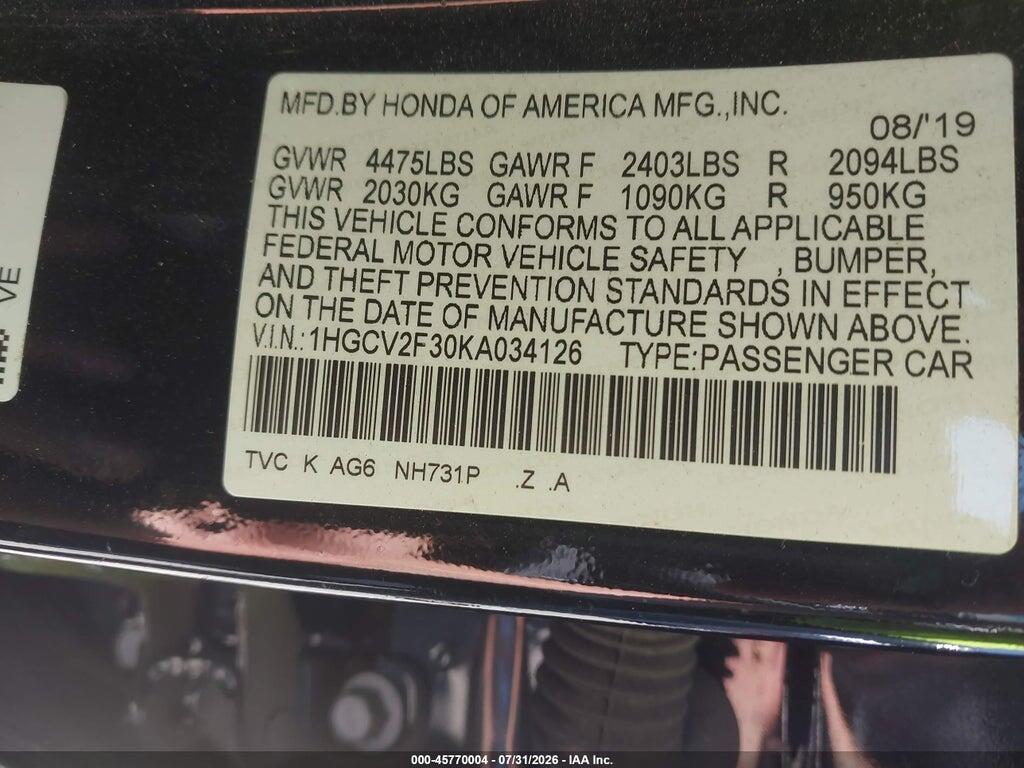 1HGCV2F30KA034126 2019 HONDA ACCORD photo no. 9