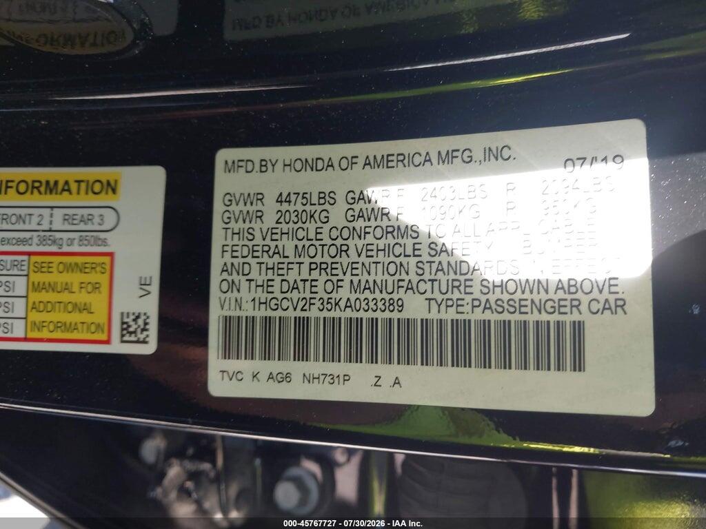 1HGCV2F35KA033389 2019 HONDA ACCORD photo no. 9