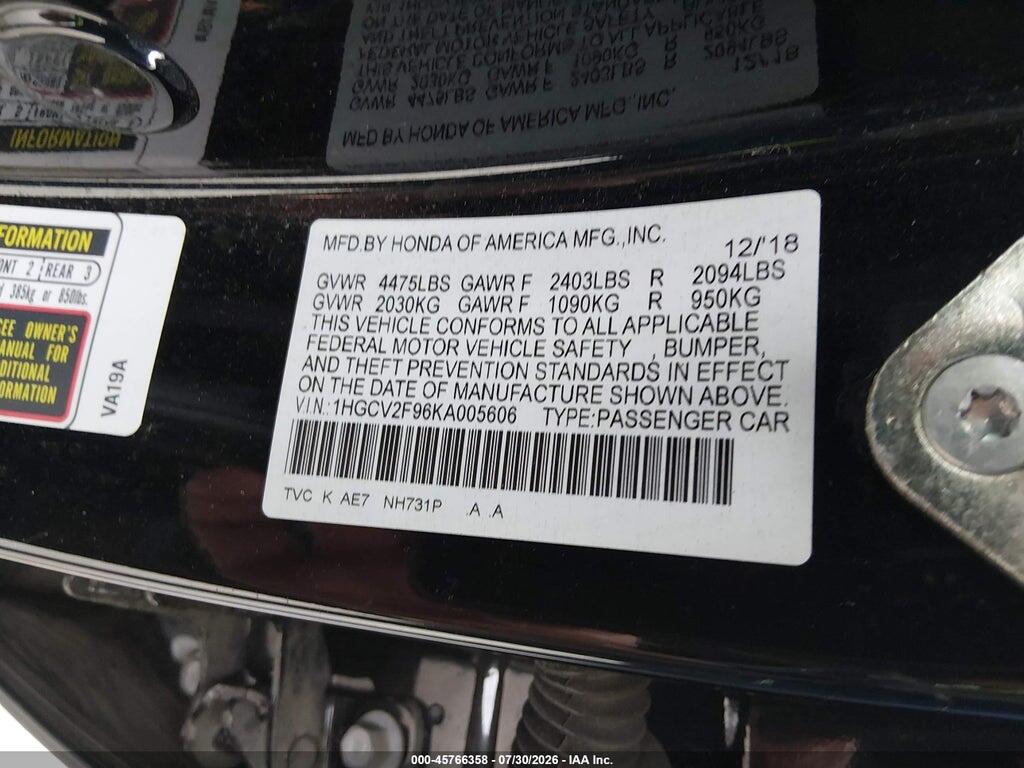 1HGCV2F96KA005606 2019 HONDA ACCORD photo no. 9