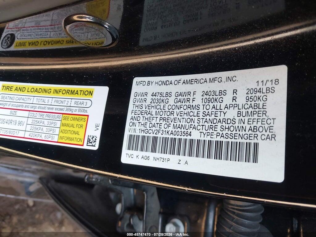 1HGCV2F31KA003564 2019 HONDA ACCORD photo no. 9